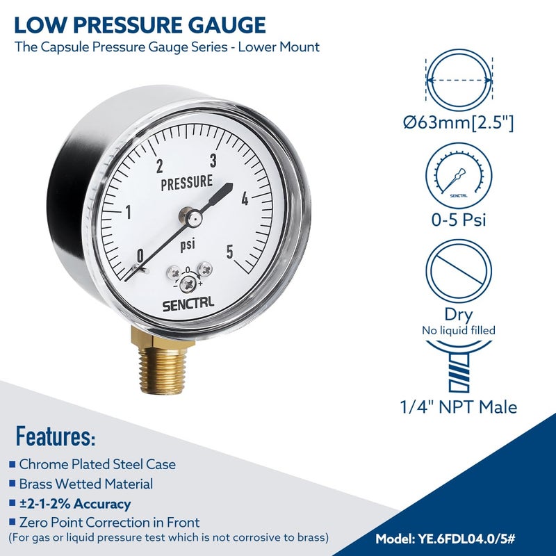 senctrl 0-5 Psi Low Pressure Gauge, Capsule Gauge, 2-1/2" Dial Size, 1/4" NPT Lower Mount, Zero Adjustment, for Air Water Gas Pressure Test - Image 2